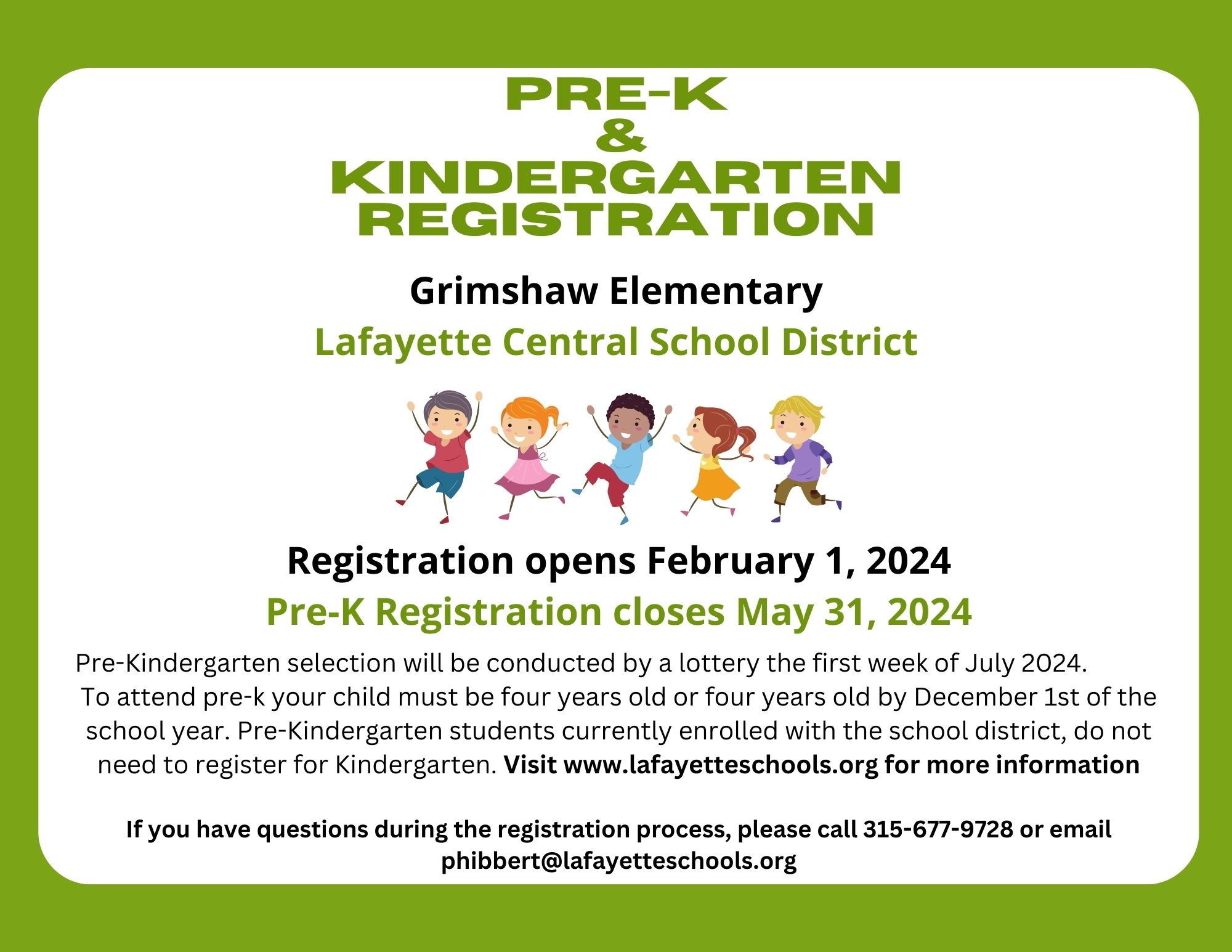 Flyer for Pre-K and Kindergarten Registration.  See info below. 
