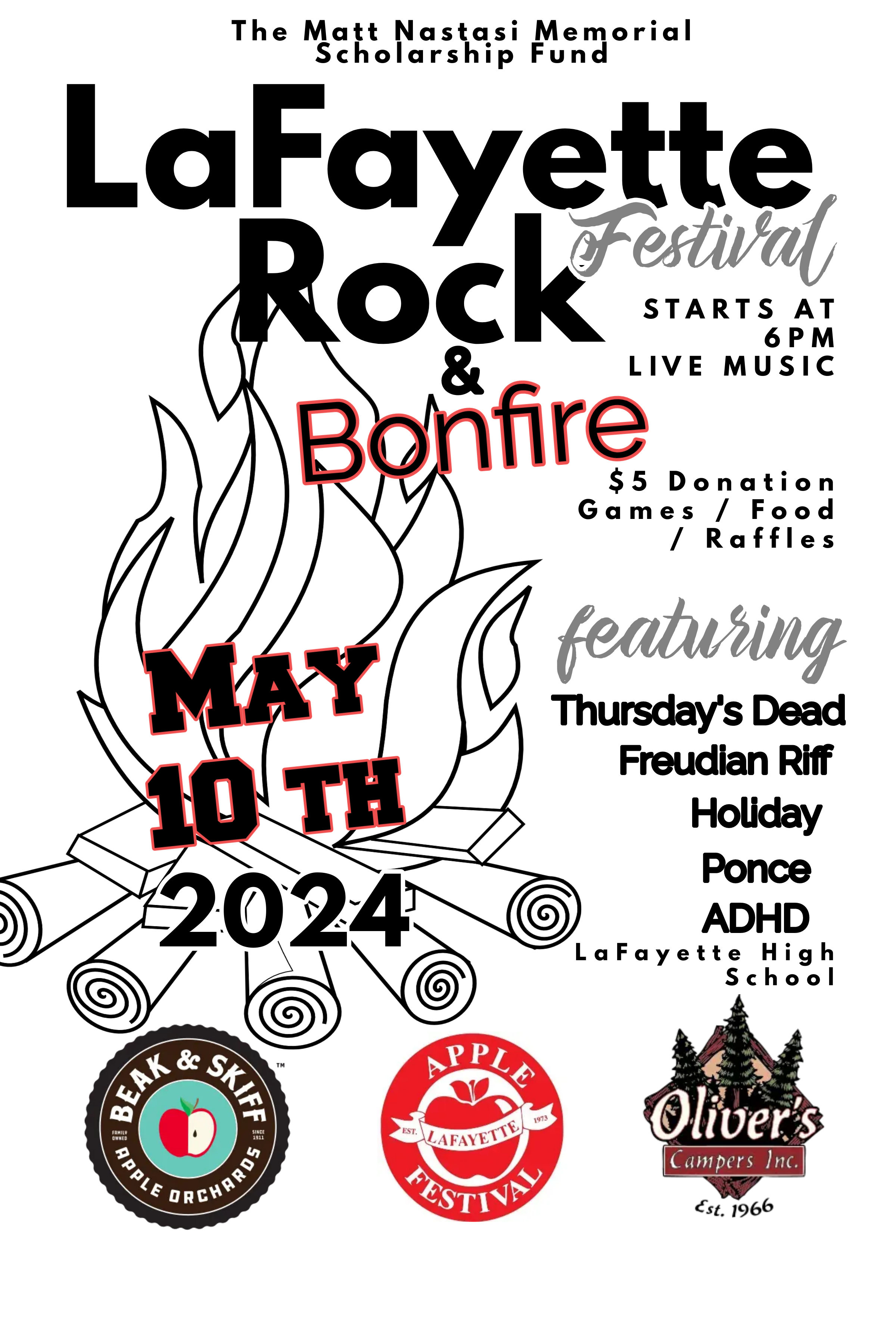 flyer for lafayette live music festival and bonfire